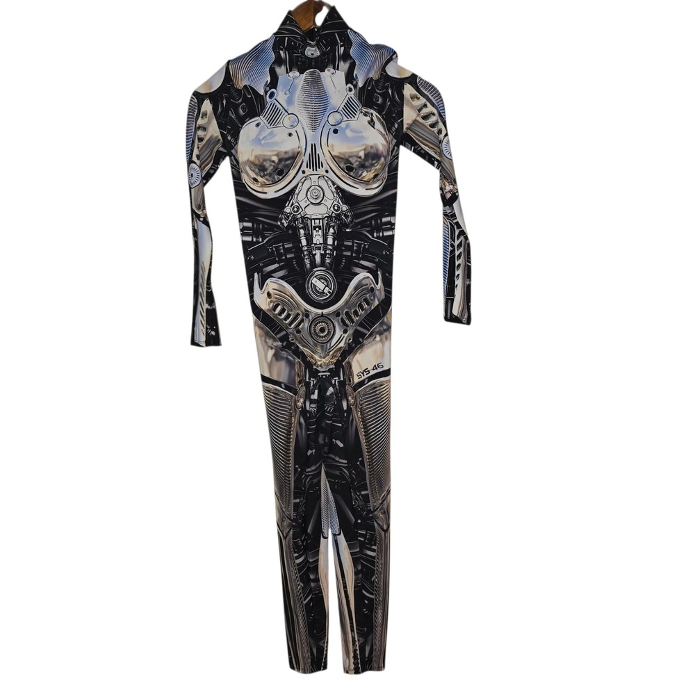 Badinka XS Cyberpunk Robot Bodysuit Mechanical Print Rave Catsuit Cyborg Mock